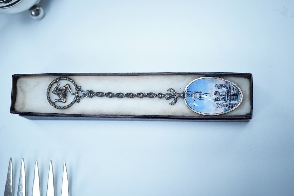 A cased pair of George III engraved silver Old English pattern berry spoons, by Smith & Fearn, London, 1794/5, 22.6cm, together with a cased Edwardian silver christening trio, an 800 standard mustard pot with white metal